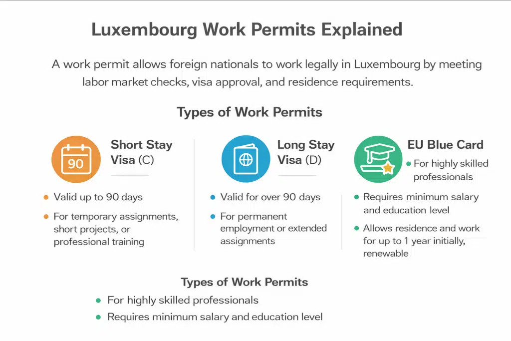 Luxembourg work permit types infographic showing Short Stay Visa C, Long Stay Visa D, and EU Blue Card requirements