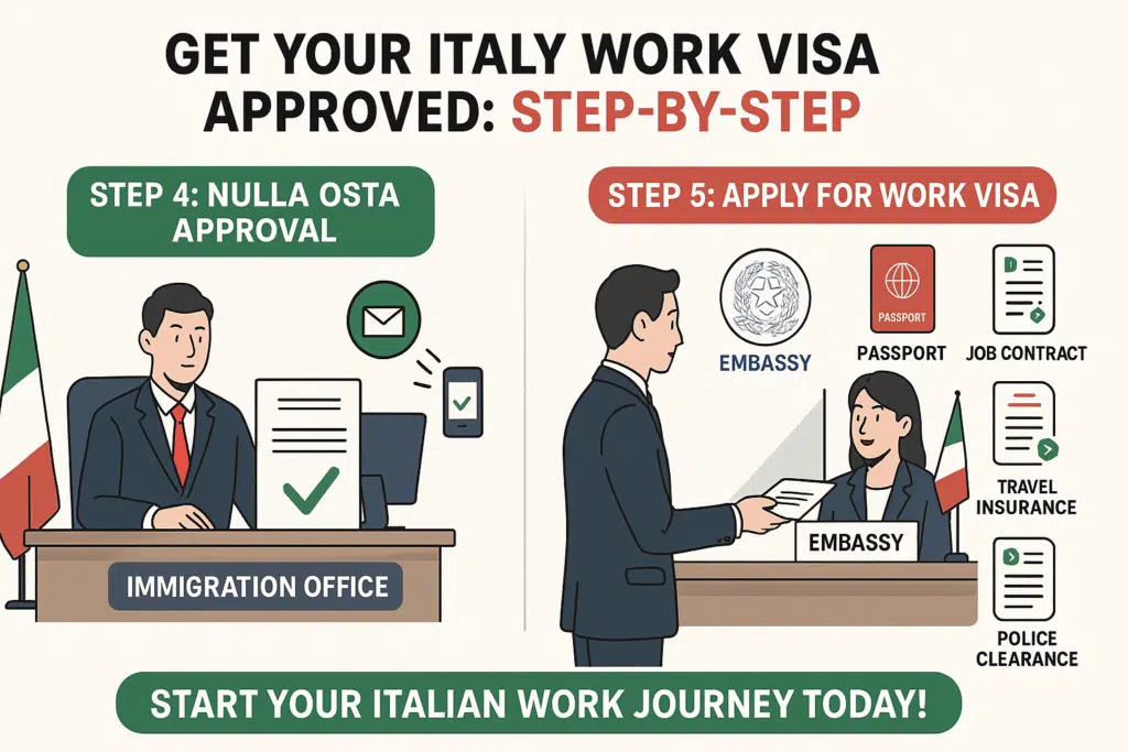An infographics on Key Steps for Italy Work Visa Approval