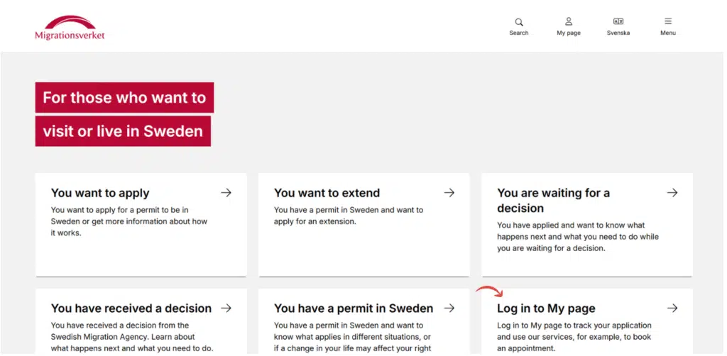 A screenshot of Swedish Migration Agency’s portal