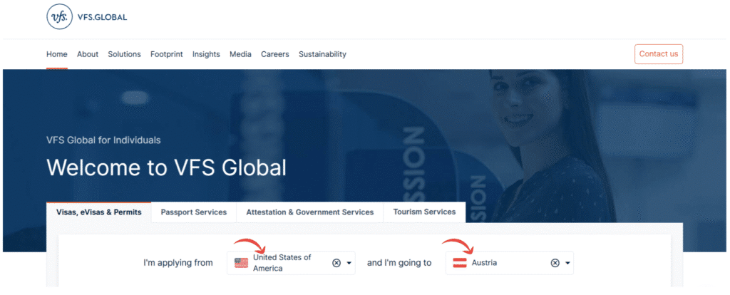 A screenshot of VFS global website