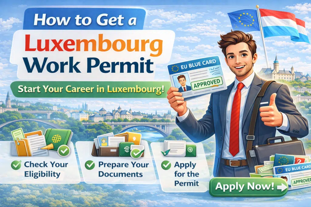 Simple featured image showing how to get a Luxembourg work permit with three steps: eligibility, documents, and application.