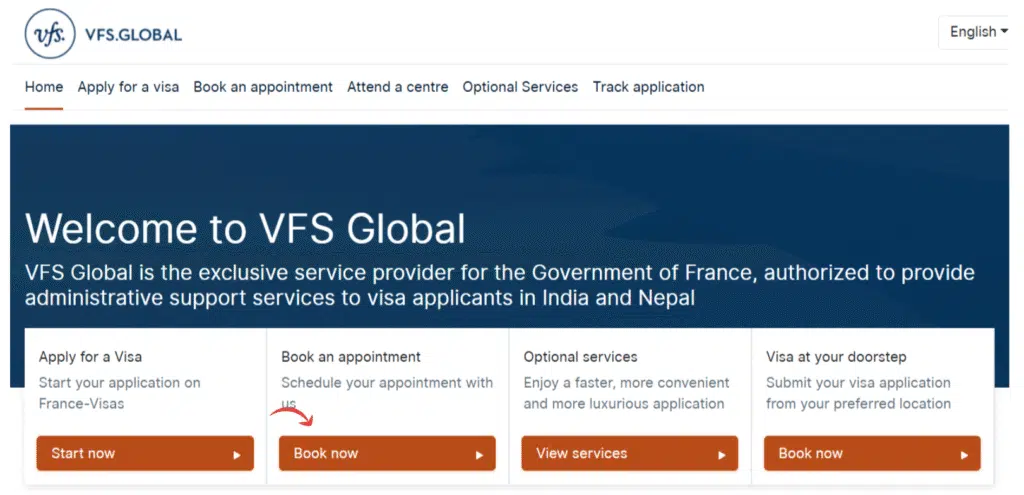 A Screenshot of VFS Global Website