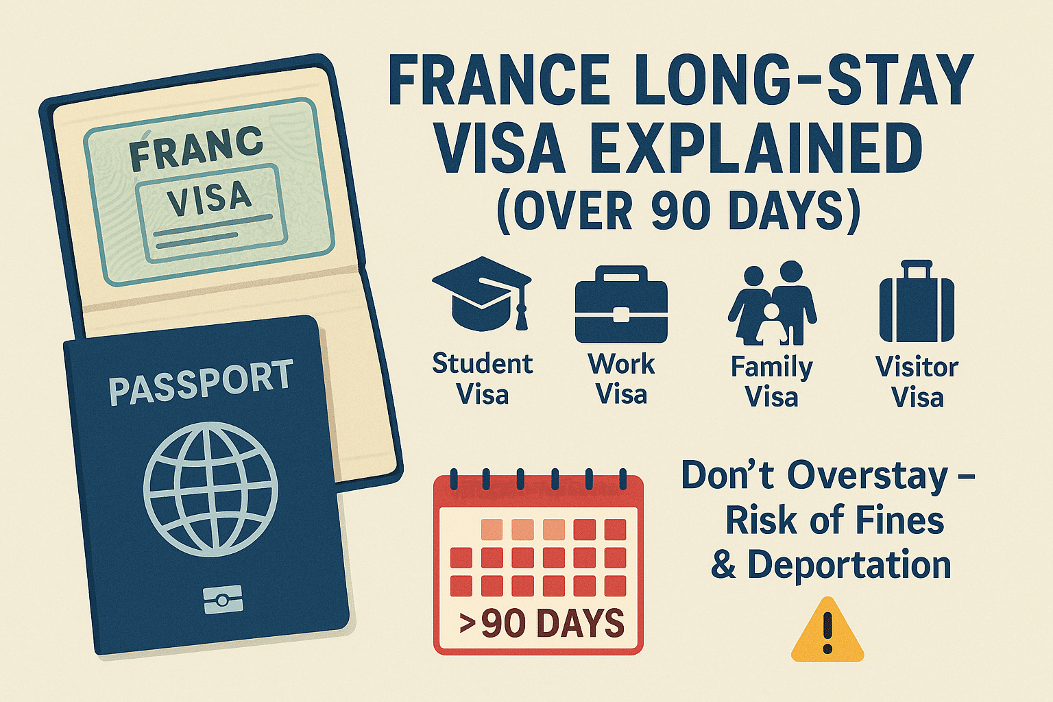 Infographic showing France’s long-stay visa rules with icons for student, work, family, and visitor visas, and a calendar showing stays beyond 90 days.