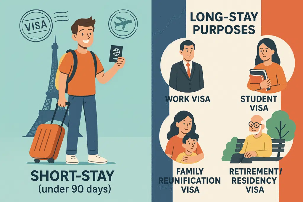 Illustration of France visa types showing short-stay tourist entry and long-stay options like work, study, family, and retirement visas.