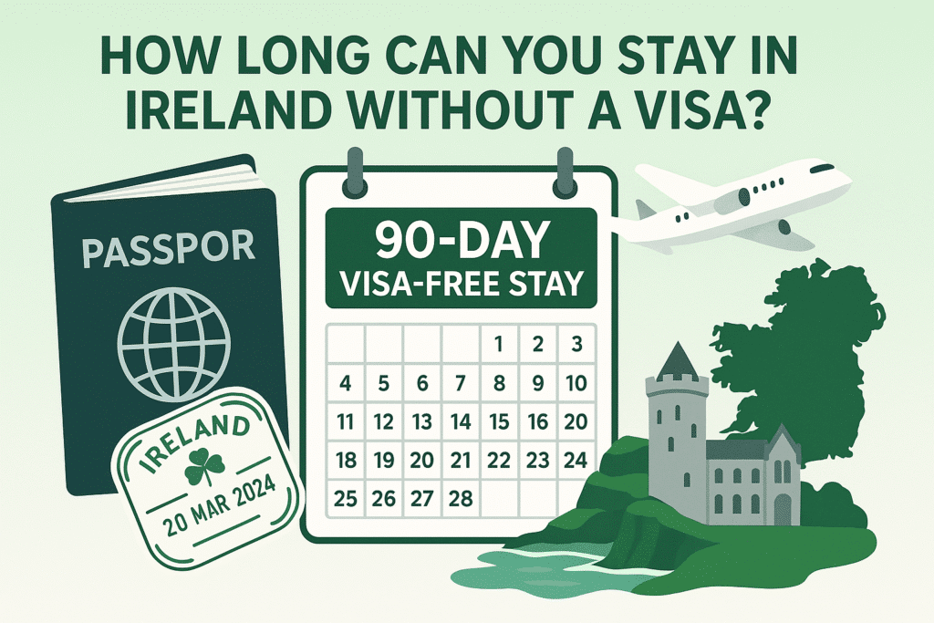 Infographic showing Ireland visa-free stay details with a passport, calendar marked for 90 days, and Irish landmarks.