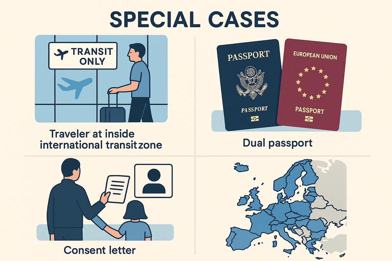 Illustration showing France visa special cases: airport transit, dual citizenship, traveling with minors, and Schengen travel rules.