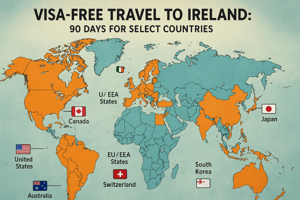 Map showing countries eligible for visa-free entry to Ireland for up to 90 days, including the US, Canada, UK, EU/EEA, Australia, New Zealand, Japan, and South Korea.
