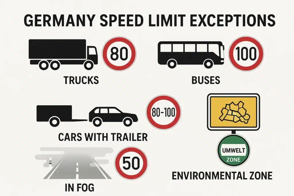 Infographic showing Germany’s speed limit exceptions: trucks 80 km/h, buses 100 km/h, trailers 80–100 km/h, 50 km/h in fog or snow, and environmental zone restrictions.