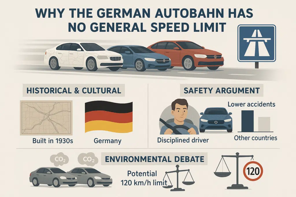 Infographic showing reasons for no general Autobahn speed limit in Germany: historical pride, strict driver training and safety, and environmental debates about CO₂ emissions