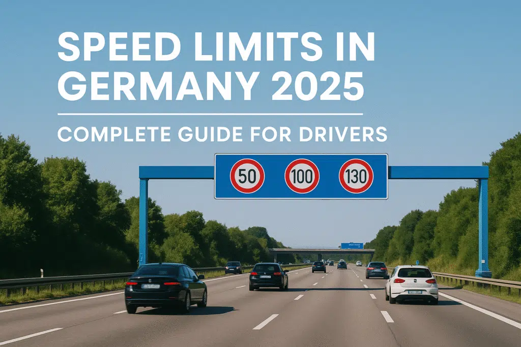German Autobahn with speed limit signs and cars, featuring blog title Speed Limits in Germany 2025 – Complete Guide for Drivers.