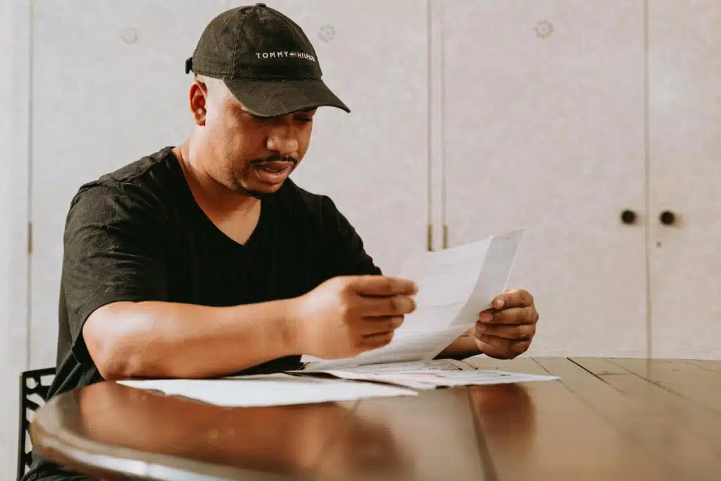 Adult man sitting at home table, focused on reviewing important documents.