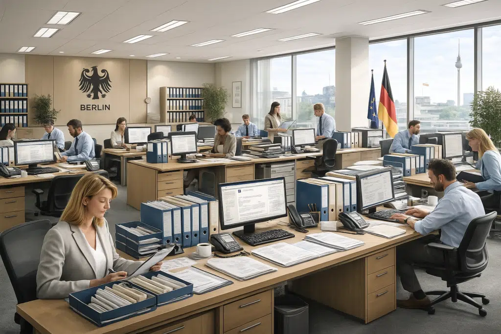 Modern administrative and office workplace showing professional employees performing daily clerical and administrative tasks