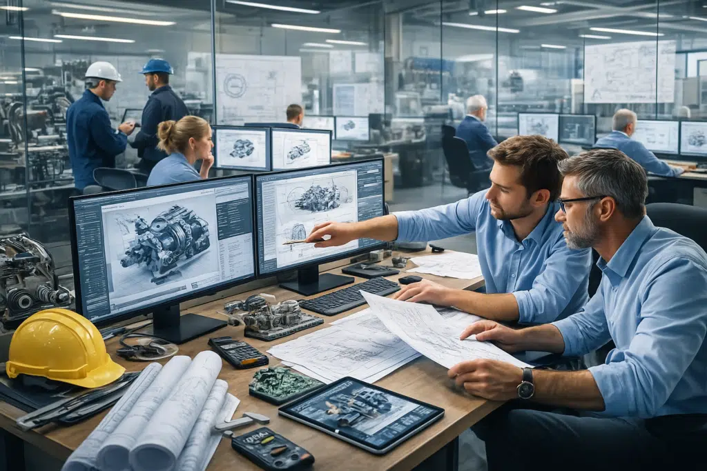 Wide shot of a modern engineering workspace with technical professionals collaborating on projects