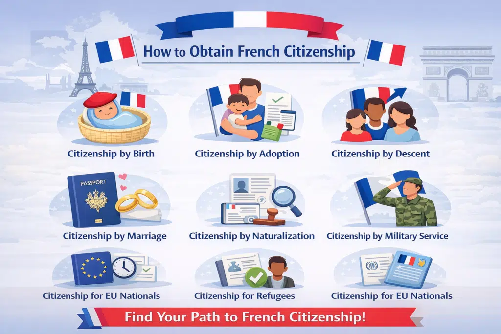 Infographic showing different ways to obtain French citizenship.