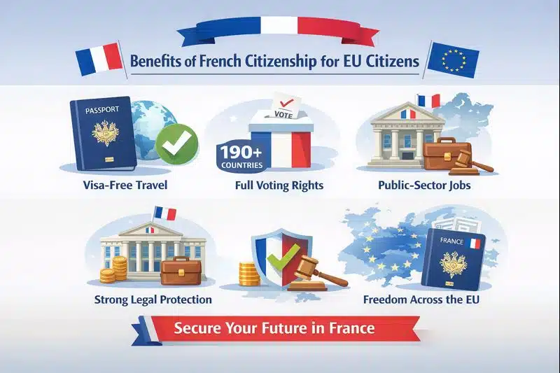 Infographic showing benefits of French citizenship for EU citizens, including visa-free travel, voting rights, public jobs, and EU mobility.