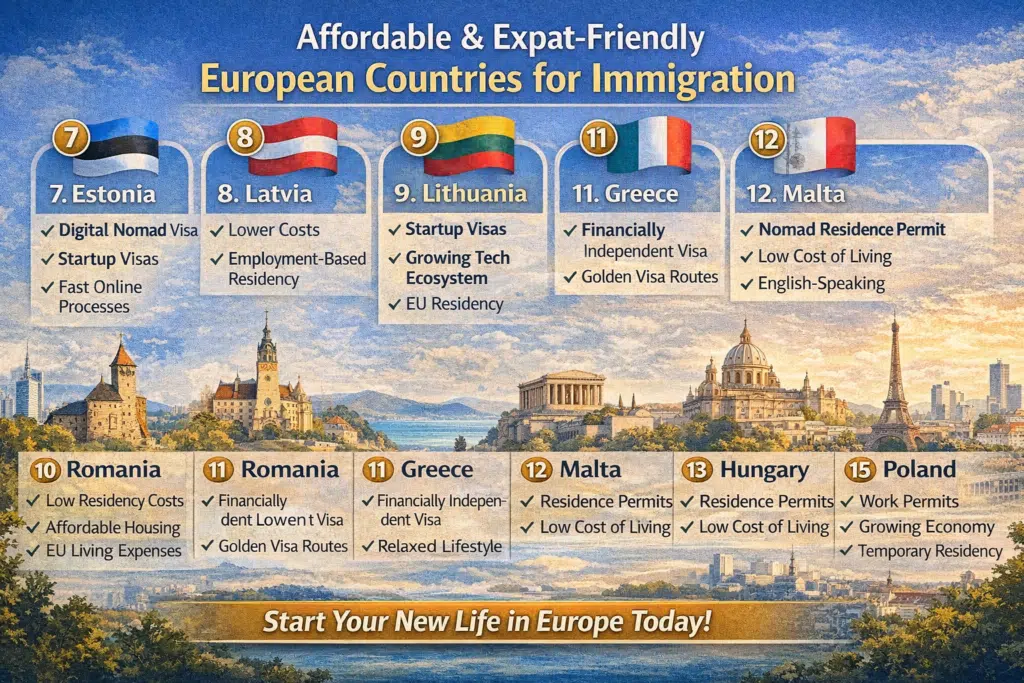 Infographic showing affordable and expat-friendly European countries for immigration, including Estonia, Latvia, Lithuania, Romania, Greece, Malta, Hungary, and Poland.