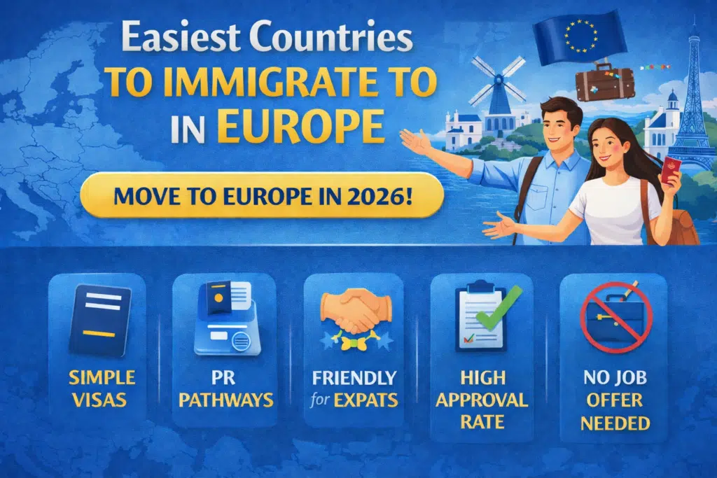 Featured infographic showing the easiest countries to immigrate to in Europe in 2026, highlighting simple visas, PR pathways, and expat-friendly options.