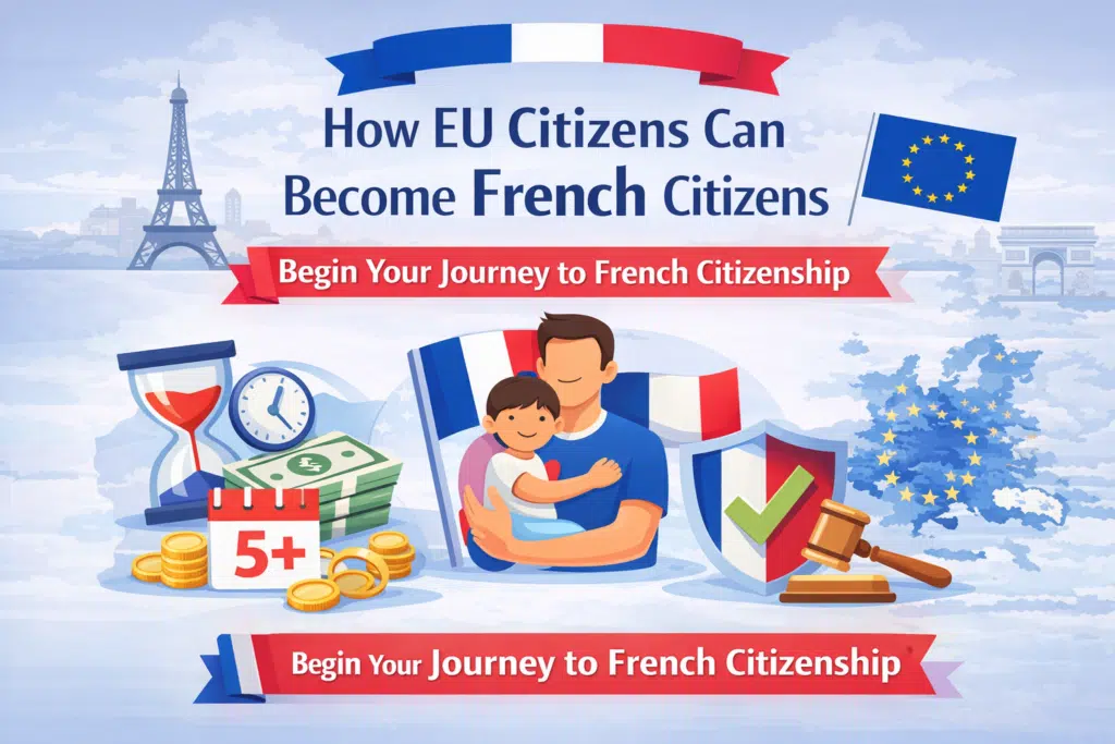 Infographic explaining French Citizenship for EU Citizens, highlighting benefits, eligibility, and pathways to becoming a French national.