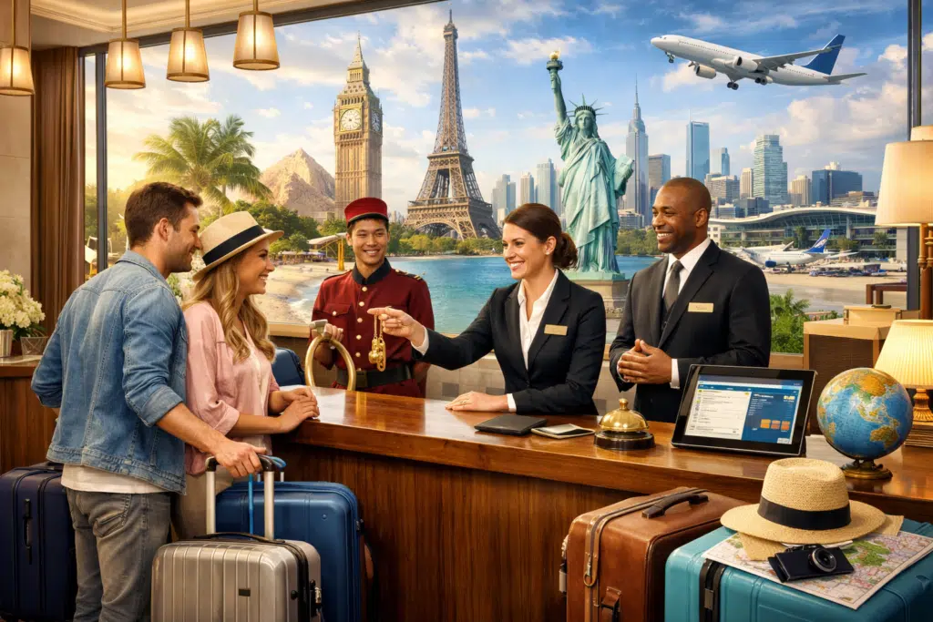 Some hotel staff welcoming new guests