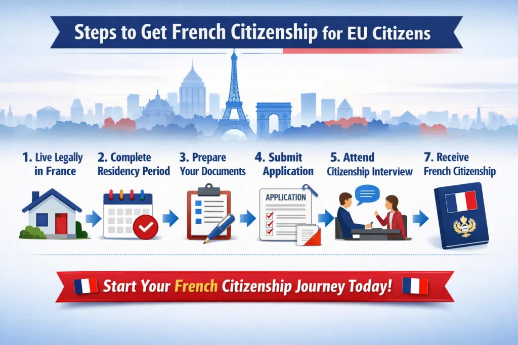 Step-by-step infographic showing how EU citizens can apply for French citizenship with 7 clear steps and icons
