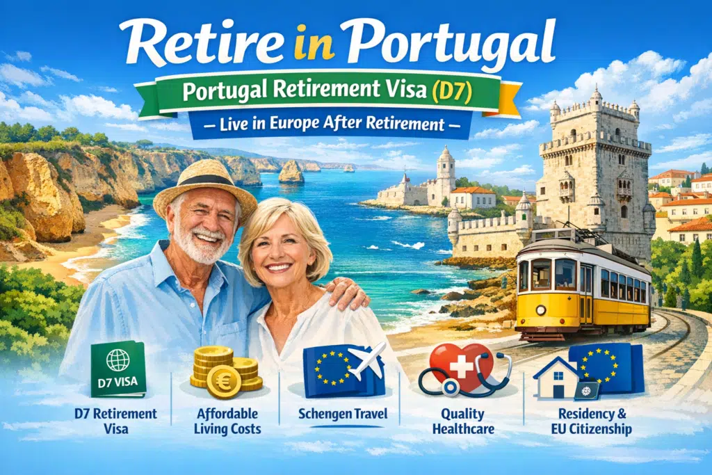 Infographic showing Portugal Retirement Visa (D7) benefits for expats retiring in Europe.