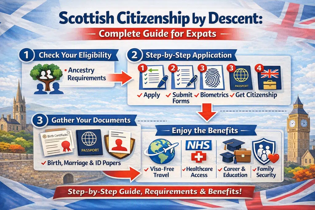 infographic showing the step-by-step process of Scottish citizenship by descent, highlighting eligibility, documents, application steps, and key benefits to help expats get started quickly.Select 66 more words to run Humanizer.