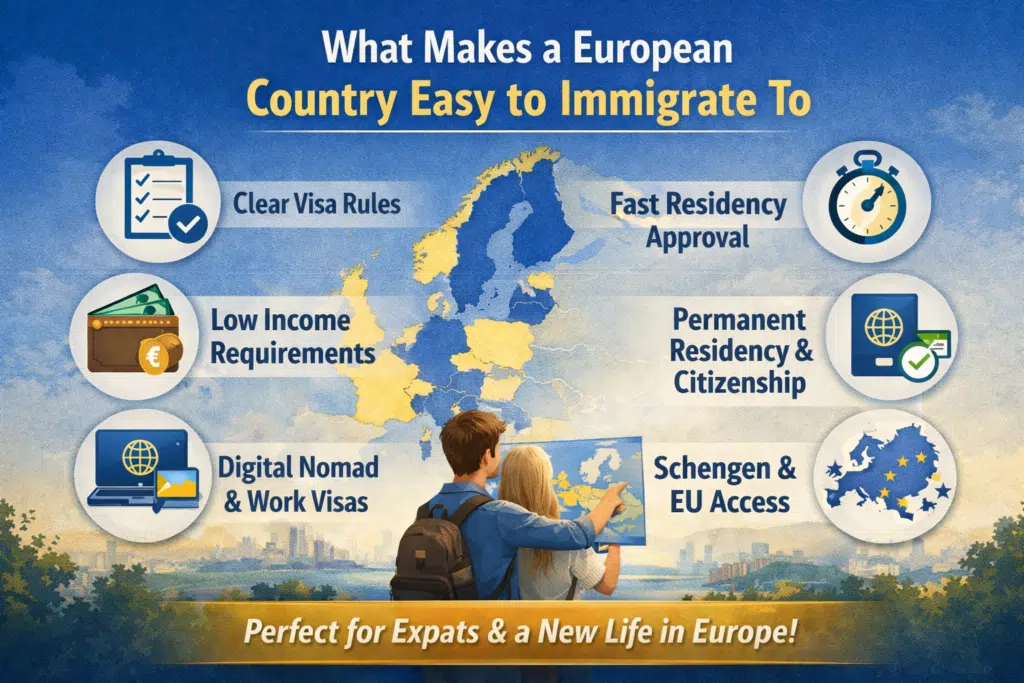 Infographic showing why European countries are easy to immigrate to for expats, including simple visas, low income requirements, and EU access.