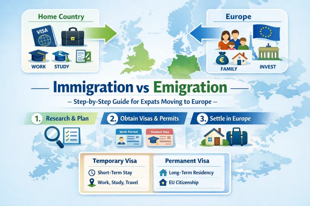 Immigration vs emigration explained for expats moving to Europe.