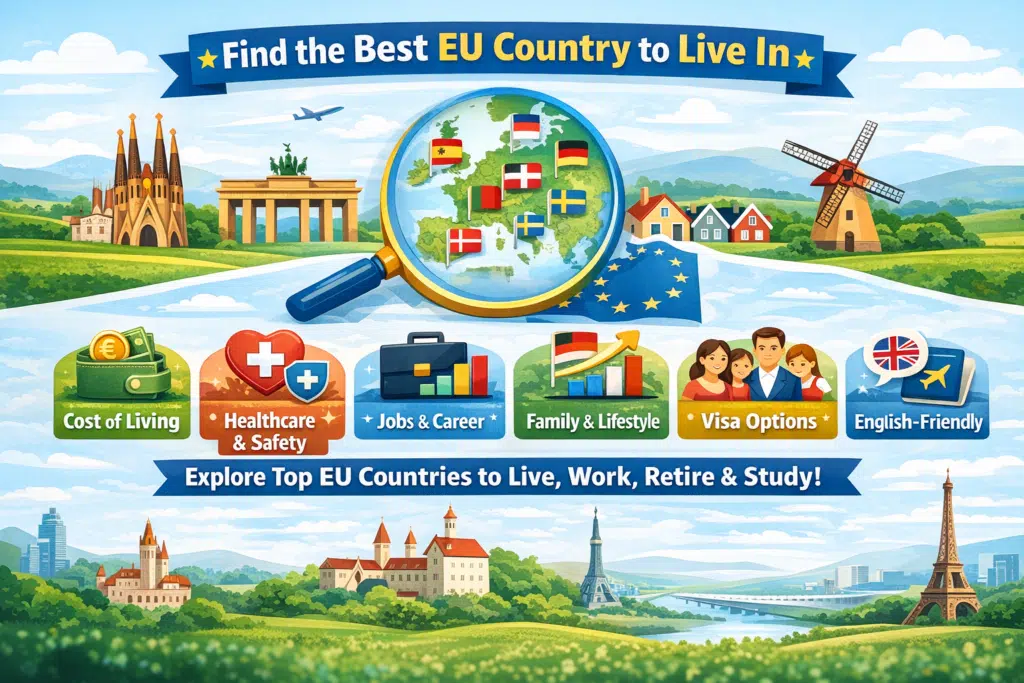 Infographic showing top EU countries to live in with cost of living, healthcare, jobs, family benefits, visa options, and English-friendly info.