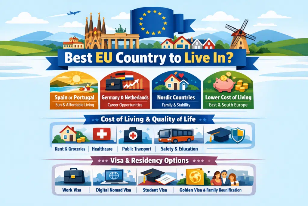 Infographic of top EU countries covering lifestyle, affordability, career growth, cost of living, healthcare, safety, education, and visa options.