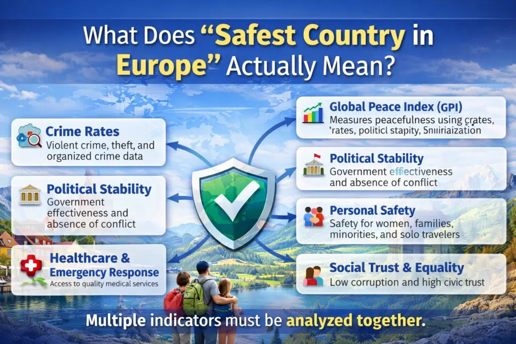 Infographic showing key factors that define the safest country in Europe.