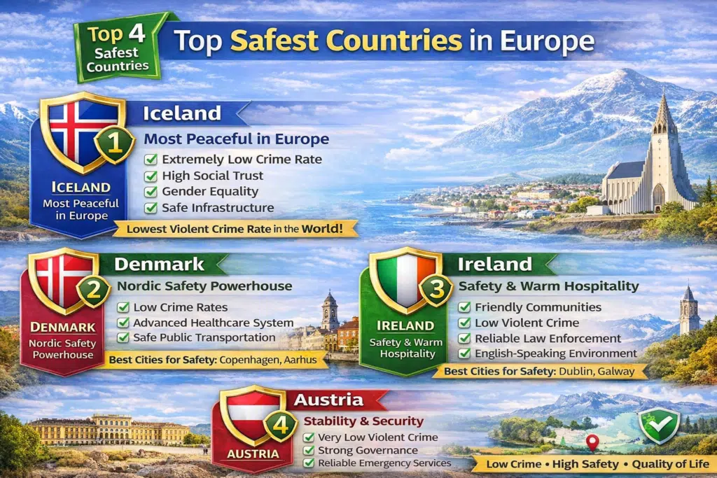 Infographic showing Europe’s top four safest countries—Iceland, Denmark, Ireland, and Austria—with key safety features and top cities.
