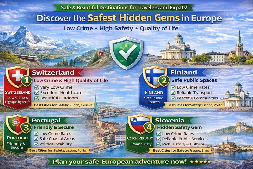 Infographic showcasing Europe’s safest countries—Switzerland, Finland, Portugal, Slovenia, and Czech Republic—with top cities and safety highlights.