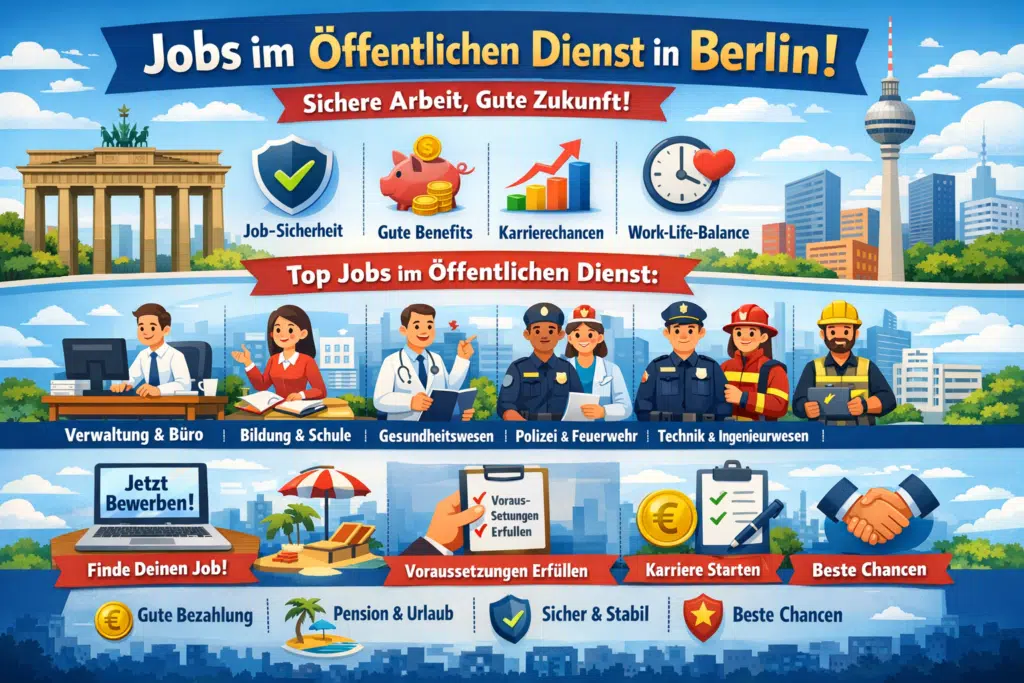 Infographic of Berlin public sector jobs with benefits like job security, pay, career growth, and work-life balance