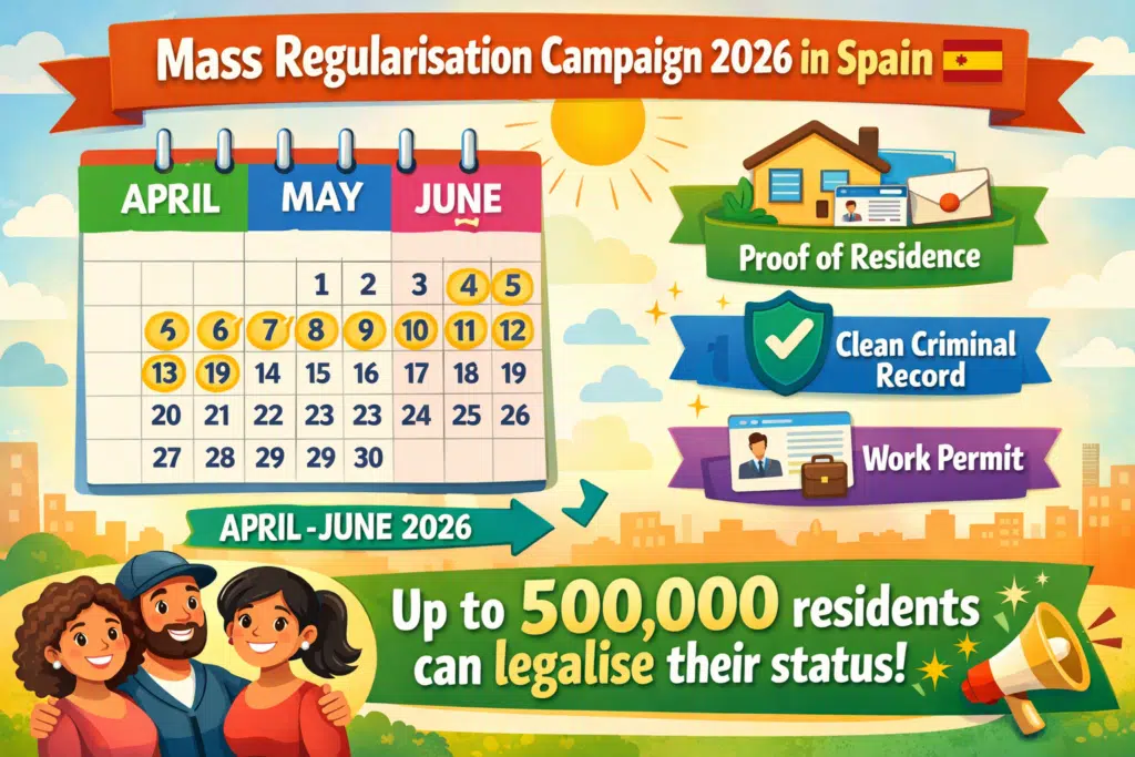 Infographic showing Spain’s 2026 Mass Regularisation Campaign, highlighting eligibility, application window, and benefits.