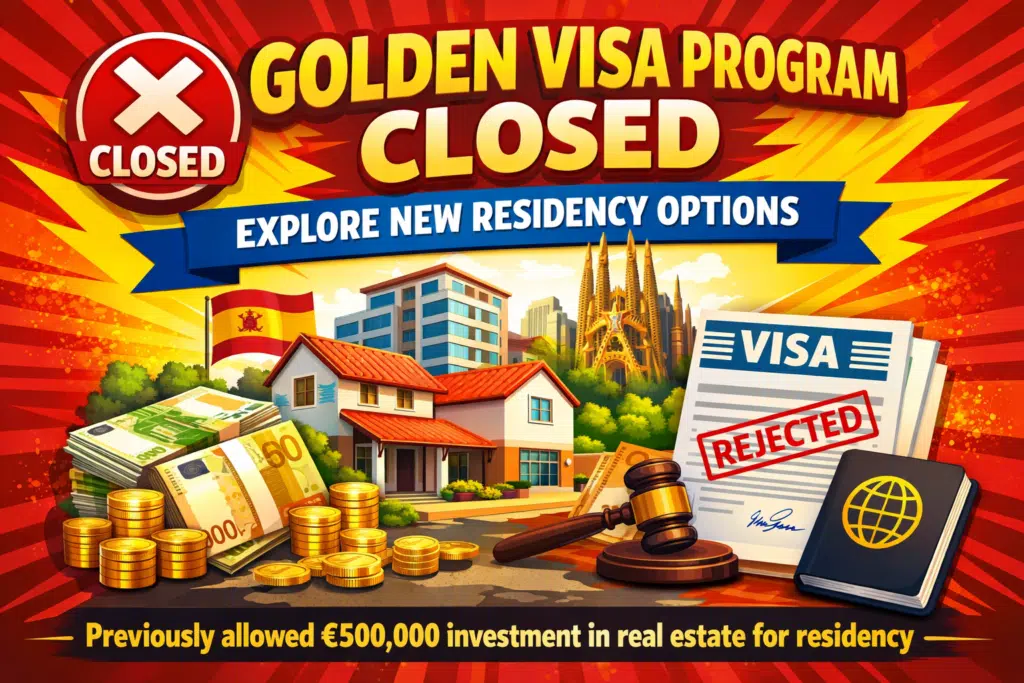 Infographic showing that Spain’s Golden Visa program is no longer available for new applicants as of 2026.