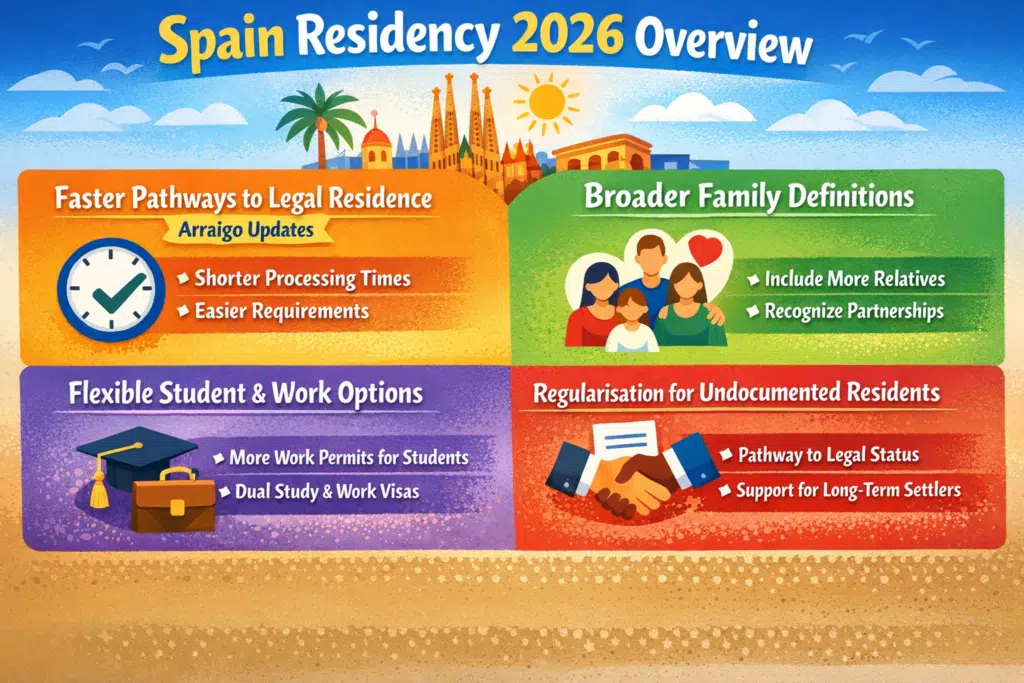 Infographic summarizing the key updates in Spain’s residency rules for 2026, including legalisation, family, work, and student options.
