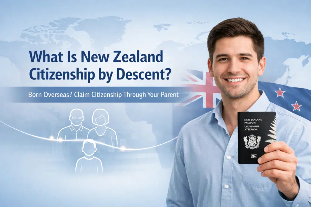 Illustration showing New Zealand citizenship by descent, featuring a young adult holding a New Zealand passport with a family tree and world map in the background.