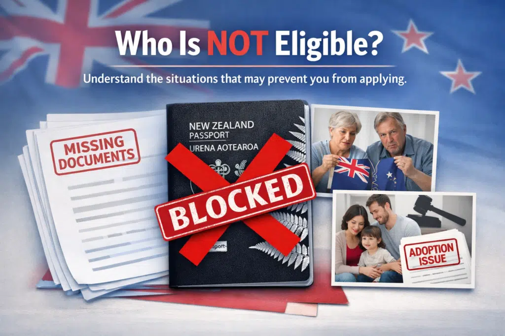 Illustration showing who is not eligible for New Zealand citizenship by descent, featuring a red X over a passport and warning icons.