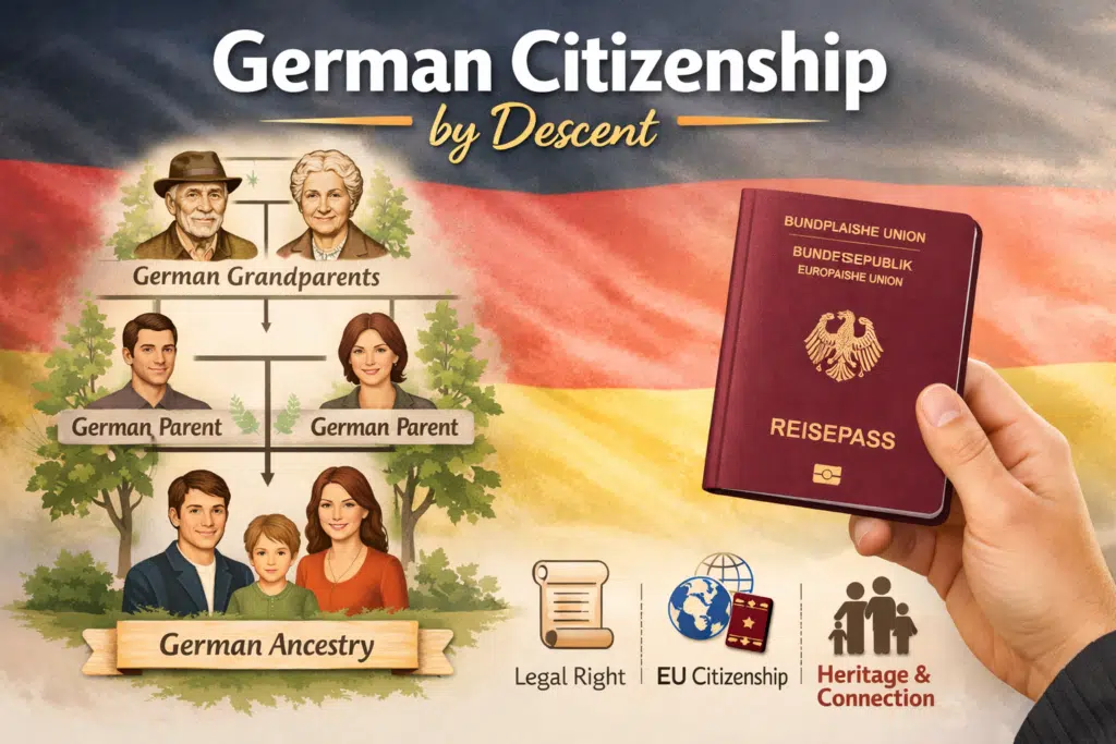 Illustration of German ancestry with a family tree, German flag, and person holding a German passport representing citizenship by descent.