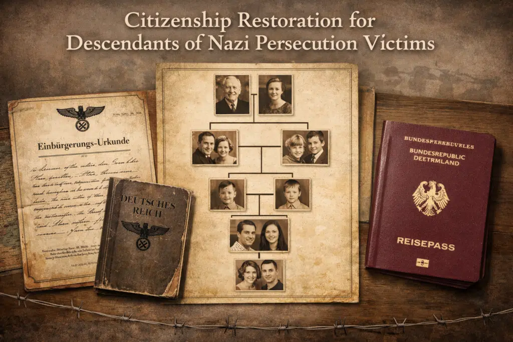 Family tree and German passports illustrating citizenship restoration for descendants of Nazi persecution victims.