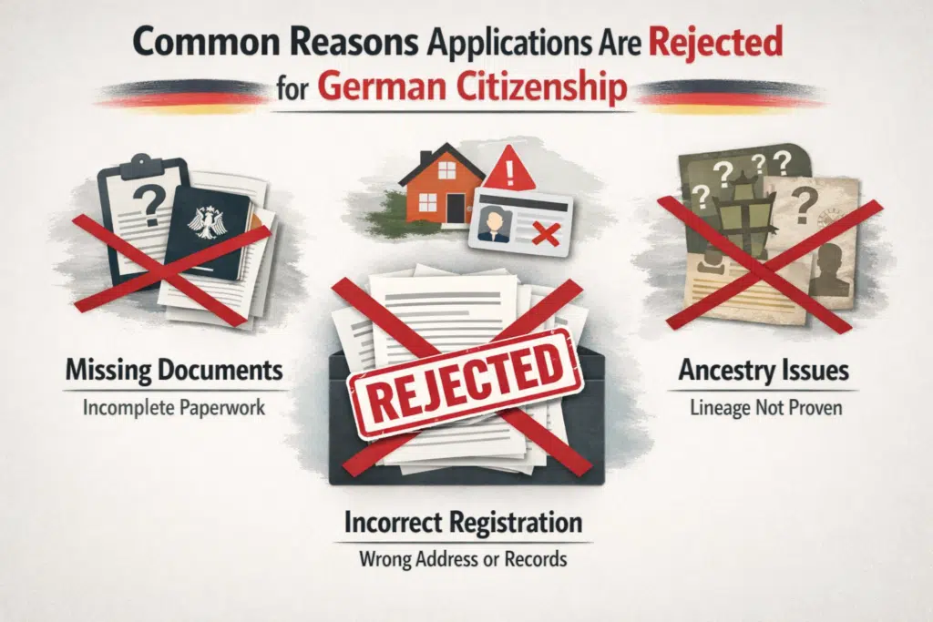 Illustration of rejected documents highlighting common reasons German citizenship applications are denied.