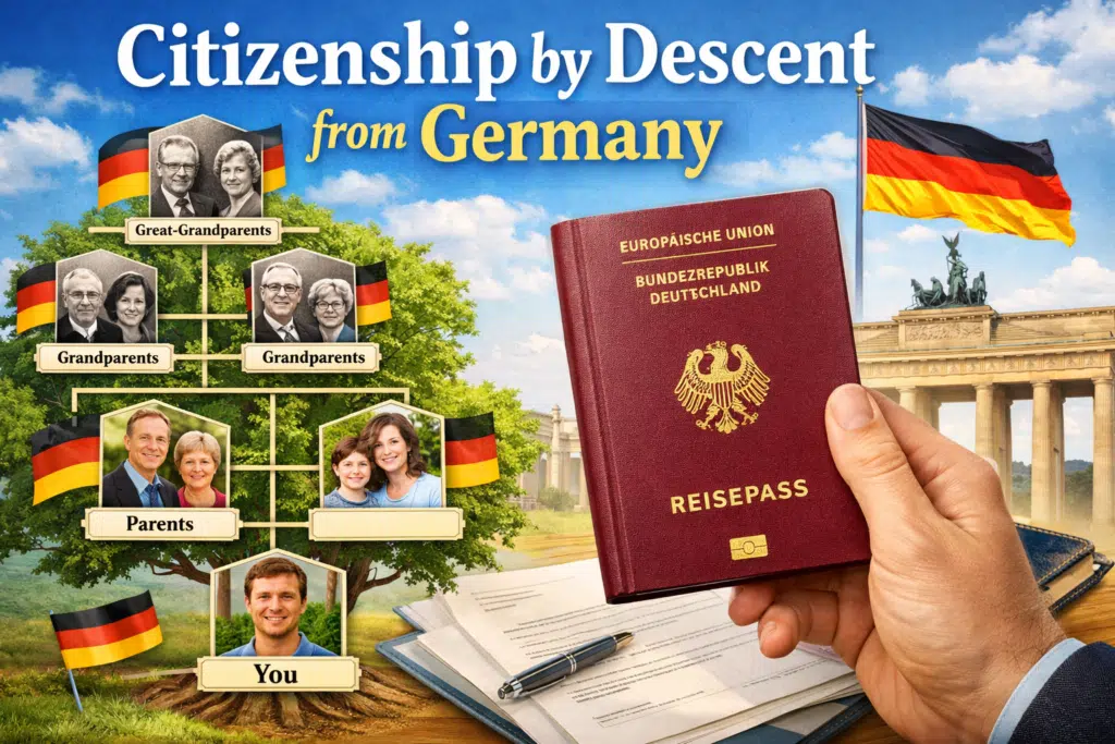 Family tree and German passport illustrating German citizenship by descent.