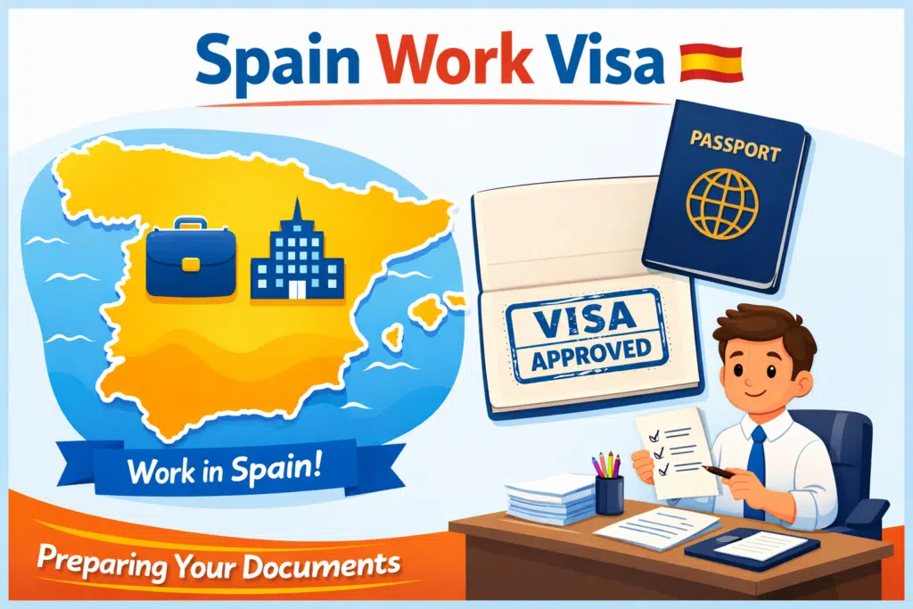 Illustration showing a Spain Work Visa with passport, visa stamp, and a professional preparing documents.