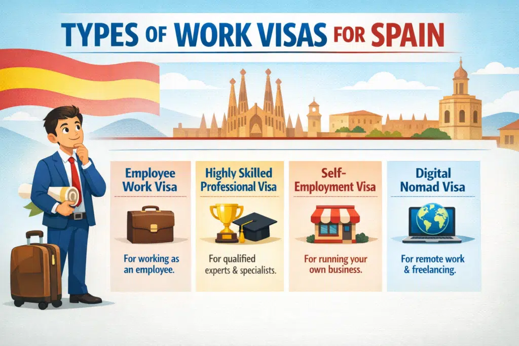 Infographic displaying the main types of work visas for Spain: Employee, Highly Skilled, Self-Employment, and Digital Nomad.