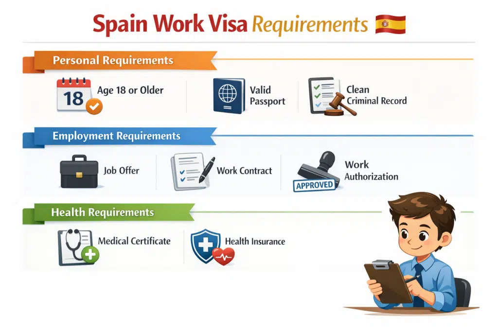 Infographic showing the personal, employment, and health requirements for obtaining a Spain Work Visa.