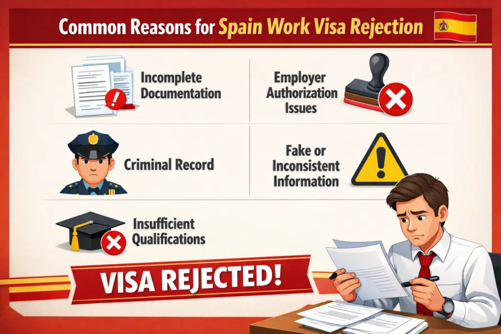 Infographic showing the common reasons for Spain Work Visa rejection, including incomplete documents, employer issues, criminal record, false information, and insufficient qualifications.