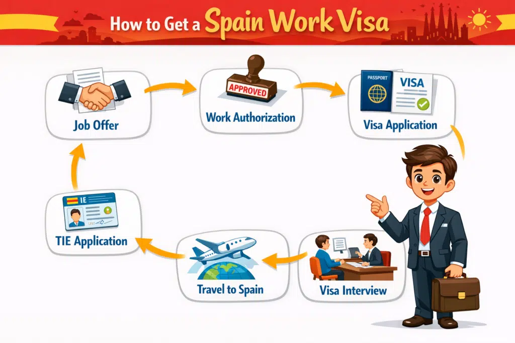 Infographic showing the six-step process to obtain a Spain Work Visa, from securing a job offer to applying for the TIE (Foreigner Identity Card).