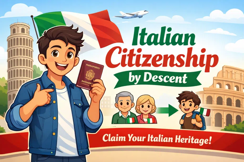 Animated illustration showing a person holding an Italian passport with Italian landmarks and flag, representing Italian citizenship by descent.