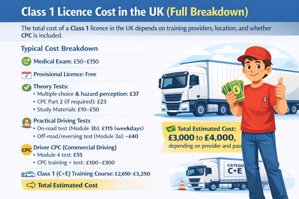 Animated infographic showing the full cost breakdown of a UK Class 1 HGV licence, including medical exam, theory tests, practical driving tests, Driver CPC, and training course costs, with a cartoon driver and lorry.